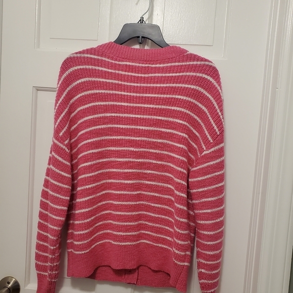 LOFT PINK & White Striped Chunky Knit Cardigan size Medium, Casual, Comfy - Picture 8 of 9